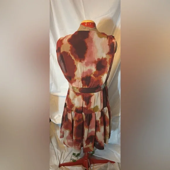 Taylor Burgundy Abstract Wrap Dress Sleeveless Knee Length - Picture 3 of 6